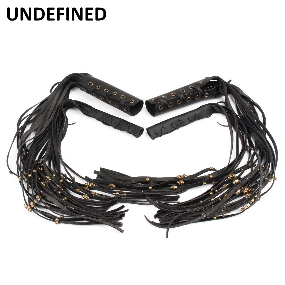 24" Motorcycle Skull Rivet Leather Hand Grips w/ Brake Lever Fringe