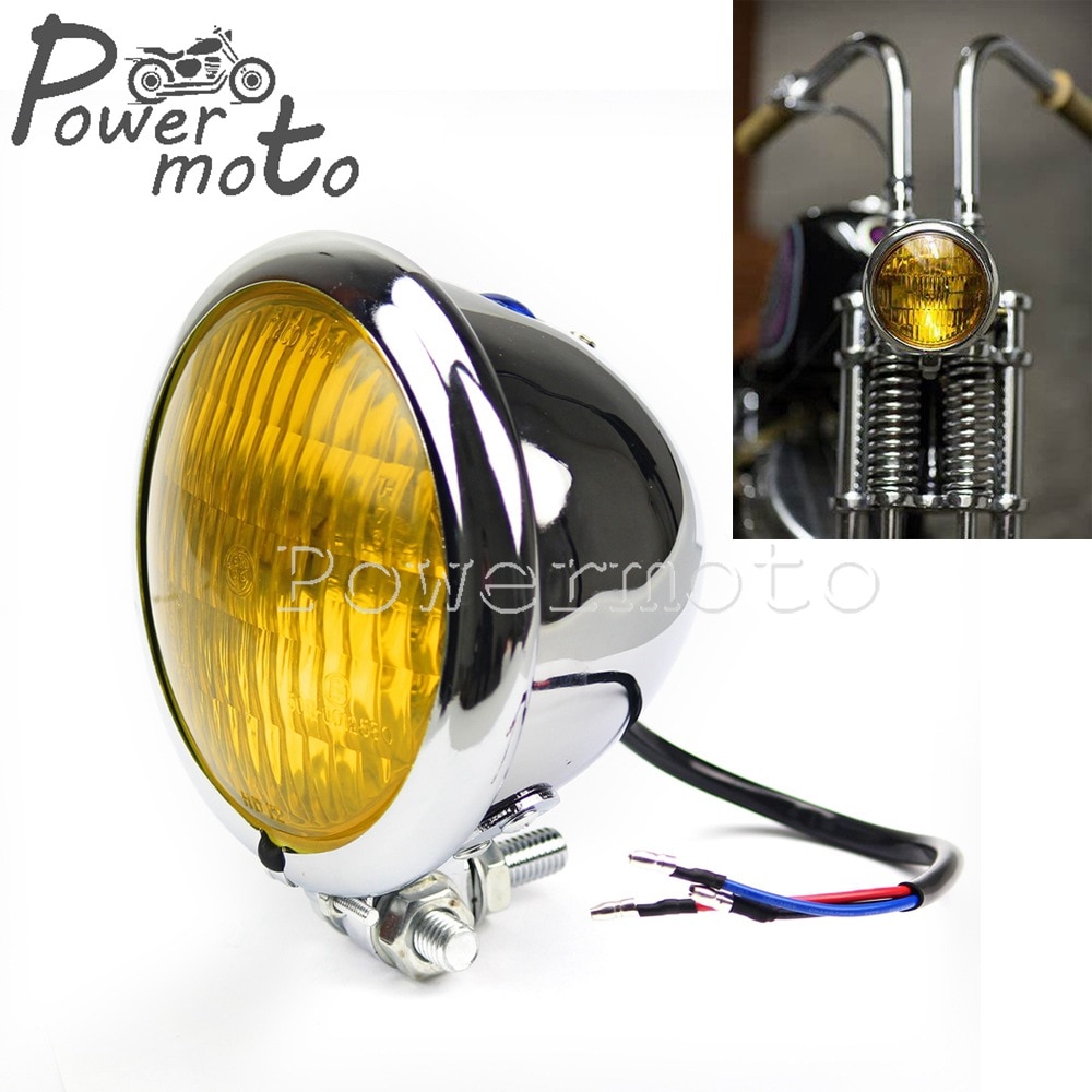 Chrome-Yellow-Glass-Vintage-Cafe-Racer-Bobber-Headlamp-4-5-Headlight-Brat-Chopper-Custom-Motorcycle-4