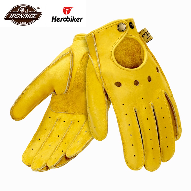New Genuine Sheepskin Leather Motorcycle Gloves Men Vintage Motorbike