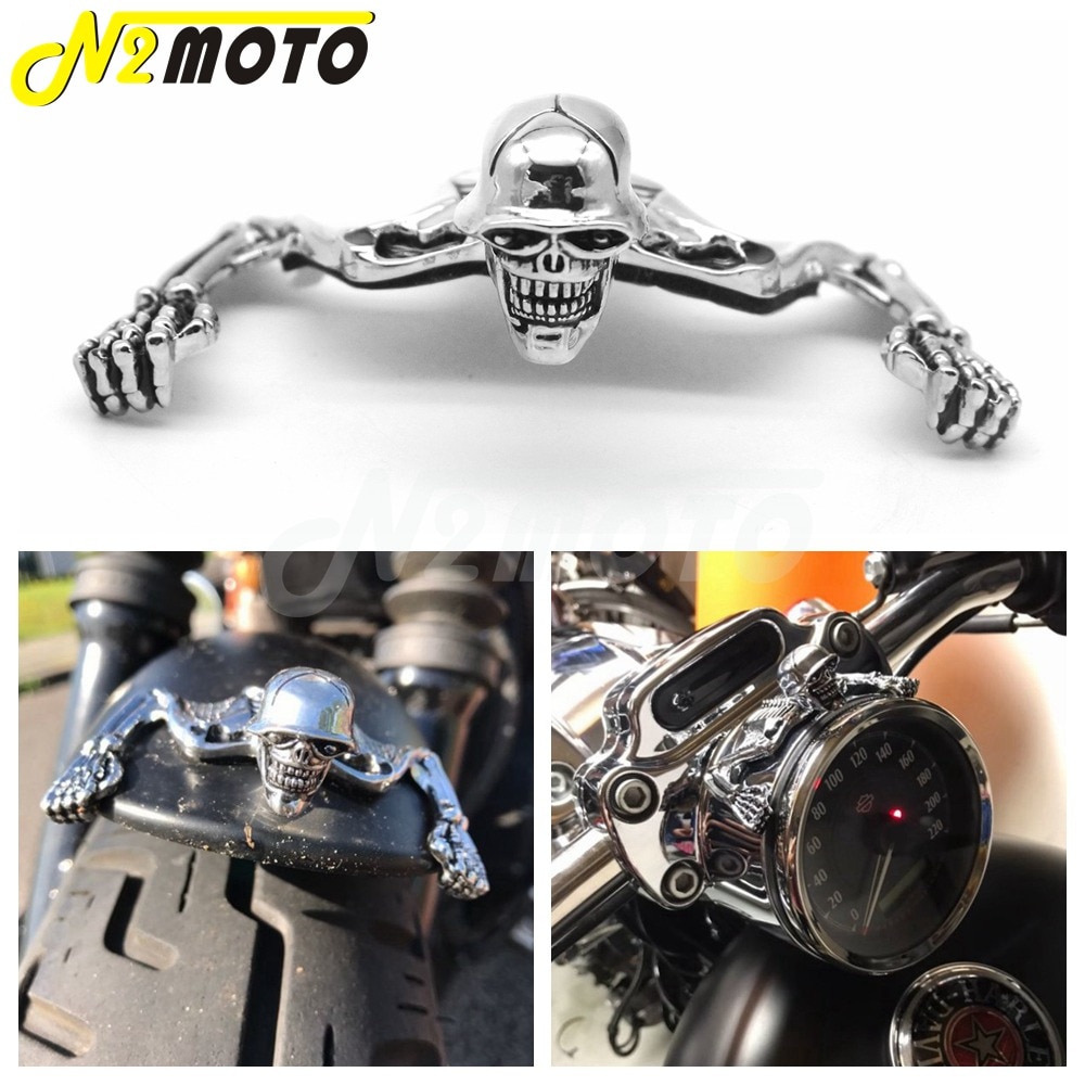 Chrome-Highway-Hawk-Skull-Ornament-Visor-For-Harley-Softail-Bobber-Chopper-7-Headlight-Lamp-Mudguard-Skeleton